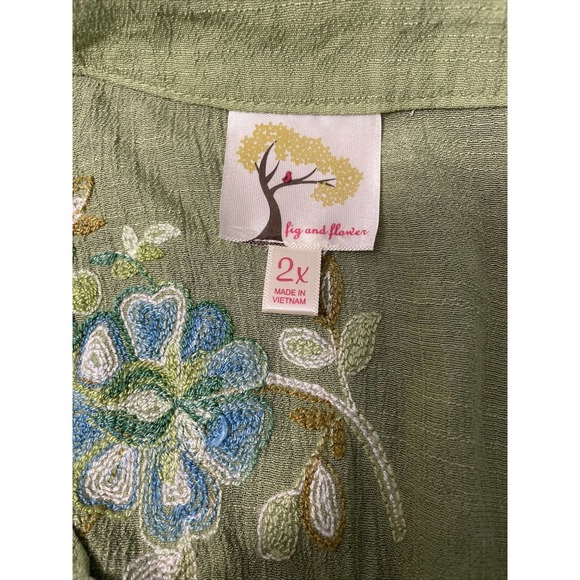 Fig & Flower 2X Anthropology Long Green Multicolor Floral Embroidered Roll Tab - Picture 3 of 9